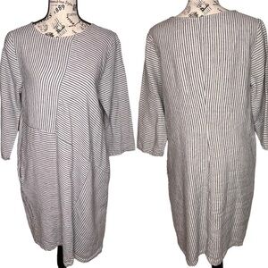 Lisa Bayne Linen Midi Dress Size S White Black Stripe Pullover Lagenlook Coastal